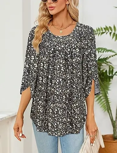 Viracy 3/4 Sleeve Tunic Tops to Wear with Leggings Crewneck Pleated Long Loose Fit Shirt Blouses - 4