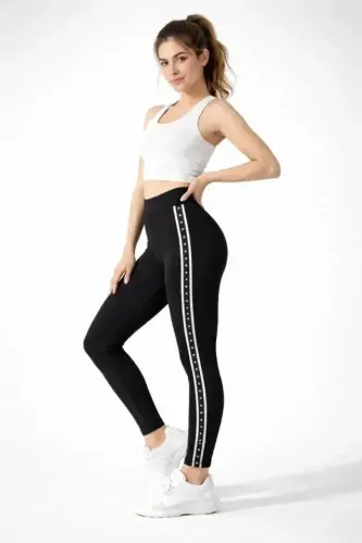 Леггинсы с лайкрой, с боковой полосой в виде звезды - Черный - BÜYÜKBEDENIZ (1)