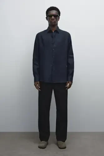 Легкая льняная рубашка 100% - ТЕМНО-СИНИЙ - 3