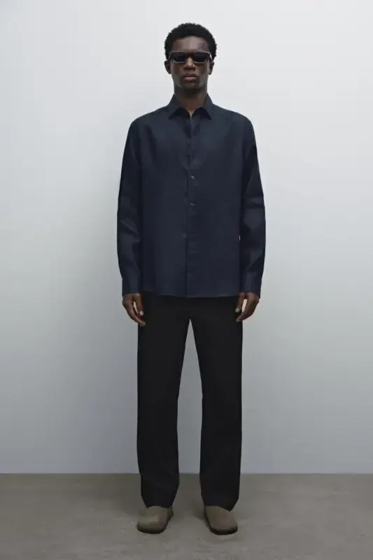 Легкая льняная рубашка 100% - ТЕМНО-СИНИЙ - 3