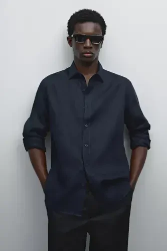 Легкая льняная рубашка 100% - ТЕМНО-СИНИЙ - 4