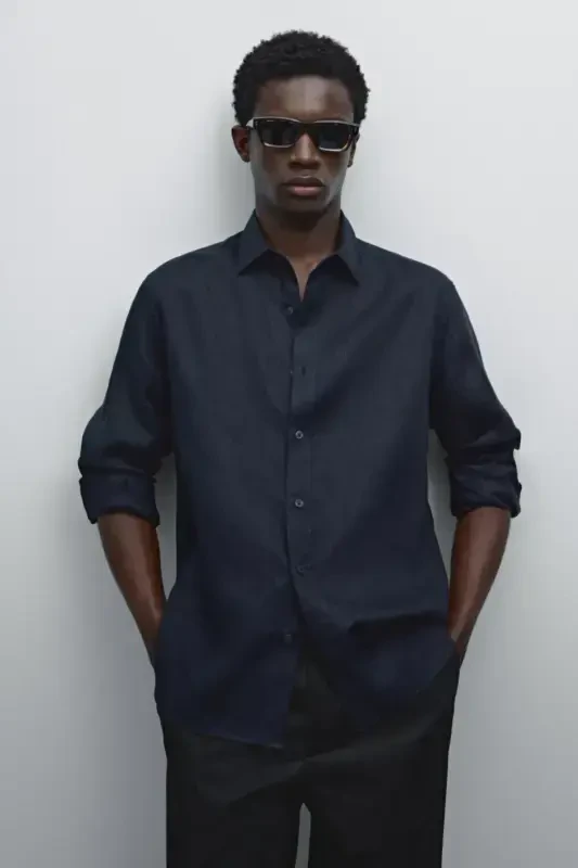 Легкая льняная рубашка 100% - ТЕМНО-СИНИЙ - 4