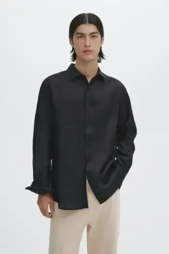 Легкая льняная рубашка-ЧЕРНЫЙ - 4