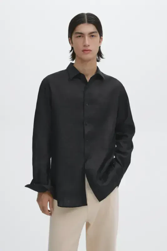 Легкая льняная рубашка-ЧЕРНЫЙ - 4