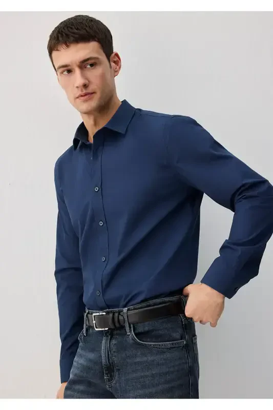 Легко Гладящаяся Темно-Синяя Рубашка Slim Fit / Узкая - 1