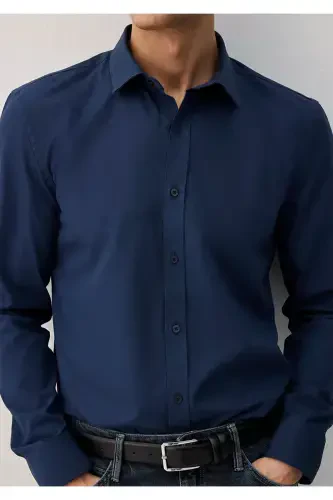 Легко Гладящаяся Темно-Синяя Рубашка Slim Fit / Узкая - 6