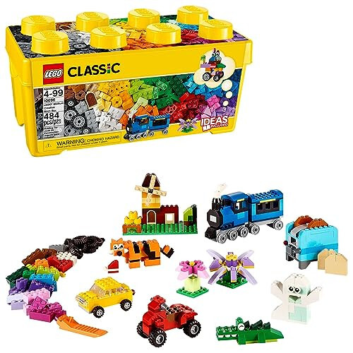 LEGO Classic O'rtacha Ijodiy G'isht Qutisi 10696 Qurilish O'yinchoq To'plami - Saqlash Xususiyati, Poezd, Avtomobil va Yo'lbars Figurasini O'z ichiga oladi, 4-99 yoshli Bolalar, O'g'il va Qizlar uchun O'yin To'plami - LEGO