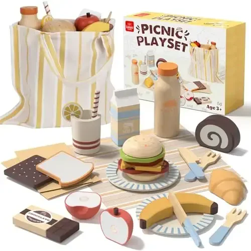 Lehoo Castle Play Food Sets for Kids Kitchen, Wooden Toys Food for Toddlers 1-3, Pretend Picnic Play Set, Cutting Food Toys, Gift for Girls Boys 3 4 5 6 - Lehoo