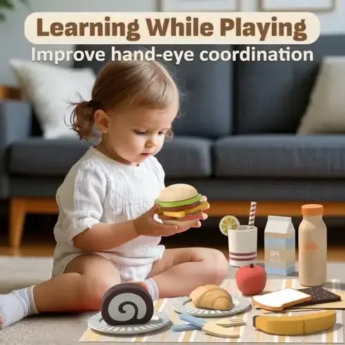 Lehoo Castle Play Food Sets for Kids Kitchen, Wooden Toys Food for Toddlers 1-3, Pretend Picnic Play Set, Cutting Food Toys, Gift for Girls Boys 3 4 5 6 - 5