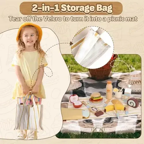 Lehoo Castle Play Food Sets for Kids Kitchen, Wooden Toys Food for Toddlers 3+, Pretend Picnic Play Set, Cutting Food Toys, Gift for Girls Boys 3 4 5 6 - 2