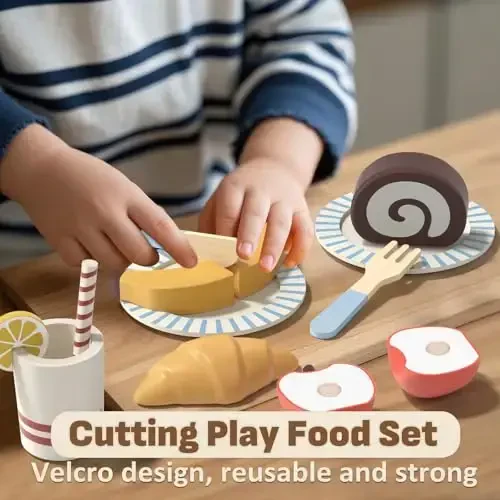 Lehoo Castle Play Food Sets for Kids Kitchen, Wooden Toys Food for Toddlers 3+, Pretend Picnic Play Set, Cutting Food Toys, Gift for Girls Boys 3 4 5 6 - 4