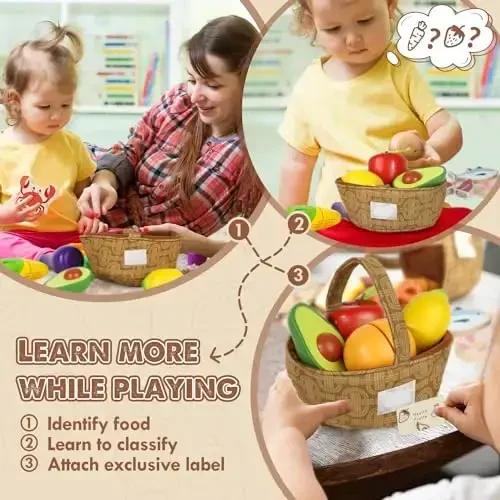 Lehoo Castle Wooden Play Food Set, Toy Food for Toddlers, Pretend Play Kitchen Accessories, Cutting Fruits and Vegetables Montessori Sorting Toys for Kids 3-5 Girls Boys - 2