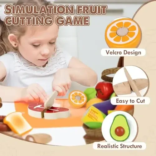 Lehoo Castle Wooden Play Food Set, Toy Food for Toddlers, Pretend Play Kitchen Accessories, Cutting Fruits and Vegetables Montessori Sorting Toys for Kids 3-5 Girls Boys - 4