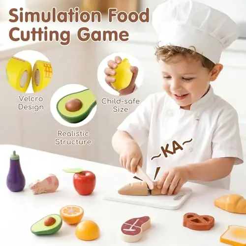 Lehoo Castle Wooden Play Food Set for Toddlers, Play Kitchen Accessories | Pretend Play Cutting Toys, 4 Baskets with Fruits Vegetables Meats Breads, Montessori Sorting Toys for Girls Boys Kids 3-5 - LEHOO (1)