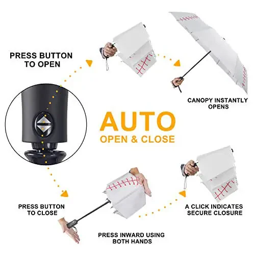 Lejorain White Baseball Umbrella Compact - Portable Windproof Travel Folding Sports Umbrella Auto Open Baseball - 2