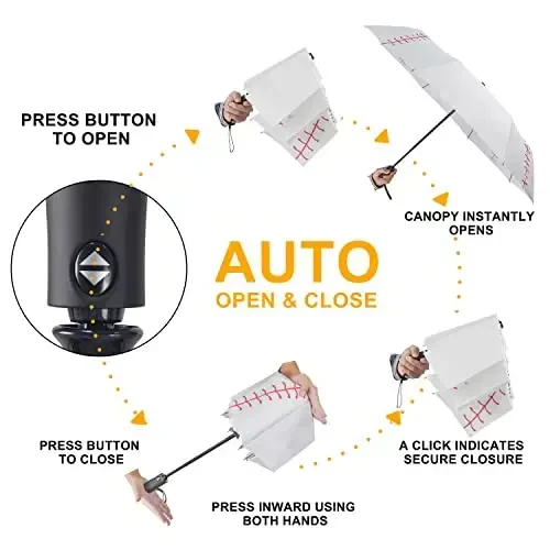 Lejorain White Baseball Umbrella Compact - Portable Windproof Travel Folding Sports Umbrellas Auto Open Baseball - 3