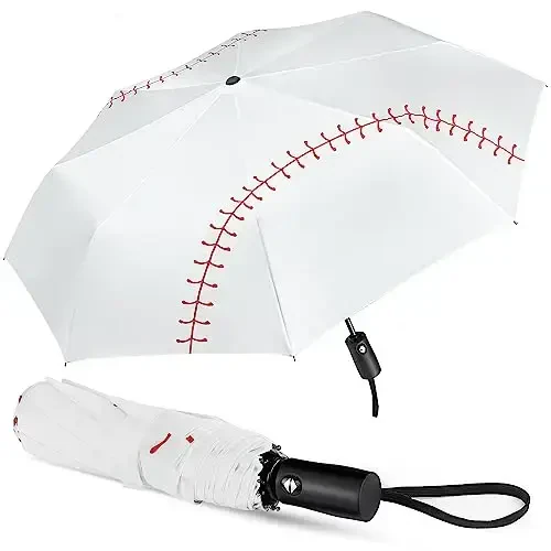Lejorain White Baseball Umbrella Compact - Portable Windproof Travel Folding Sports Umbrella Auto Open Baseball 