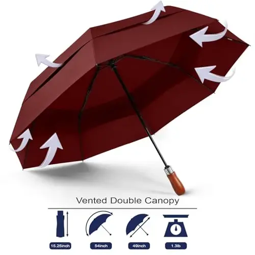 Lejorain Large Folding Golf Umbrella - Compact Mens Umbrellas Travel Rain and Windproof 54inch Collapsible Automatic Open Close Umbrella 210T Teflon Vented Double Canopy - LEJORAIN