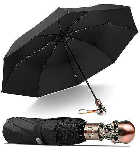 Lejorain Mens Black Skull Umbrella - Automatic Luxury Travel Windproof Umbrella Compact - Portable Strong Lightweight Rain Umbrella for Adults - 12