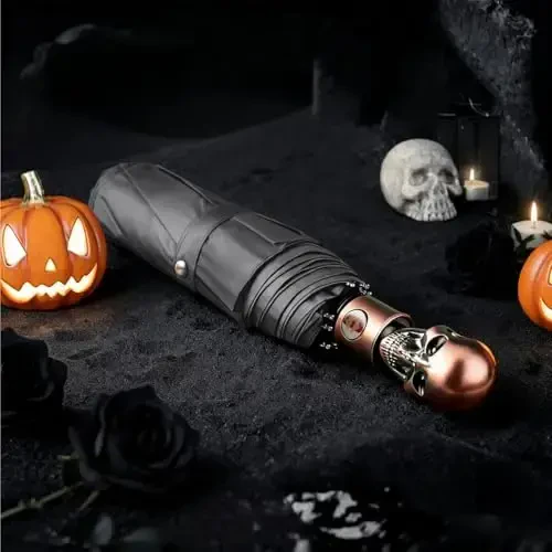 Lejorain Mens Black Skull Umbrella - Automatic Luxury Travel Windproof Umbrella Compact - Portable Strong Lightweight Rain Umbrella for Adults - 1