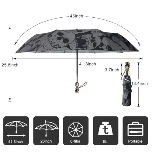 Lejorain Mens Black Skull Umbrella - Automatic Luxury Travel Windproof Umbrella Compact - Portable Strong Lightweight Rain Umbrella for Adults - 2
