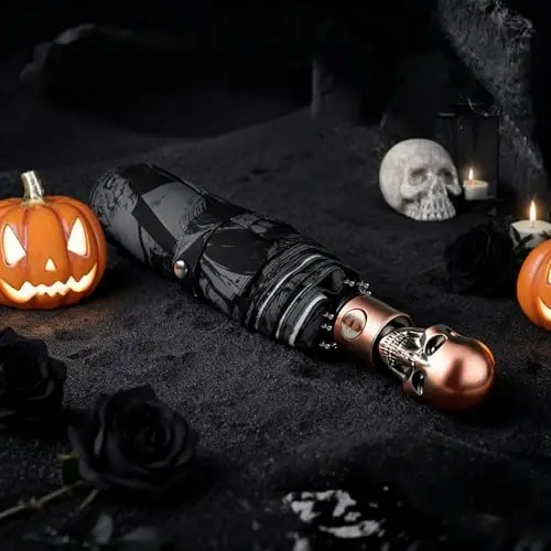 Lejorain Mens Black Skull Umbrella - Automatic Luxury Travel Windproof Umbrella Compact - Portable Strong Lightweight Rain Umbrella for Adults 