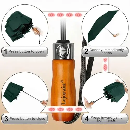 Lejorain Katta buklanadigan golf soyaboni - ixcham erkaklar soyabonlari sayohat uchun yomg'ir va shamolga chidamli 54 dyuymli yig'ma avtomatik ochiladigan yopiladigan soyabon 210T Teflon ventilyatsiyali qo'sh qavatli gumbaz - 3