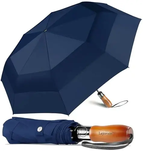 Lejorain Large Compact Golf Umbrella - Oversized Auto Open Close Folding Golf Umbrella Travel 210T Dupont Teflon Coated Vented Windproof Double Canopy for Women Men - LEJORAIN