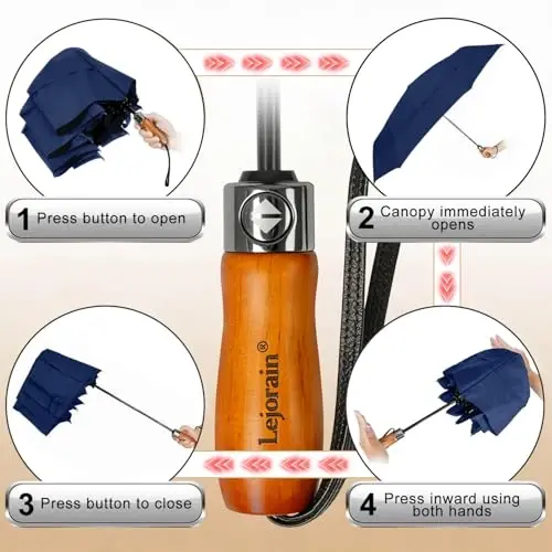 Lejorain Large Compact Golf Umbrella - Oversized Auto Open Close Folding Golf Umbrella Travel 210T Dupont Teflon Coated Vented Windproof Double Canopy for Women Men - 4