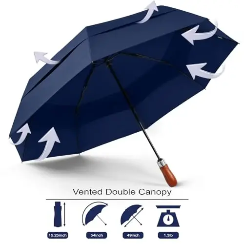 Lejorain Large Folding Golf Umbrella - Compact Mens Umbrellas Travel Rain and Windproof 54inch Collapsible Automatic Open Close Umbrella 210T Teflon Vented Double Canopy - LEJORAIN
