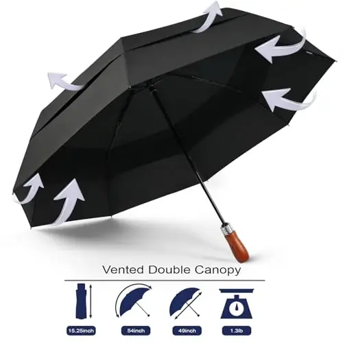 Lejorain Large Folding Golf Umbrella - Compact Mens Umbrellas Travel Rain and Windproof 54inch Collapsible Automatic Open Close Umbrella 210T Teflon Vented Double Canopy - 1