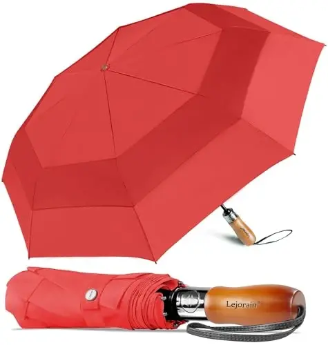Lejorain Large Folding Golf Umbrella - Compact Mens Umbrellas Travel Rain and Windproof 54inch Collapsible Automatic Open Close Umbrella 210T Teflon Vented Double Canopy - 5