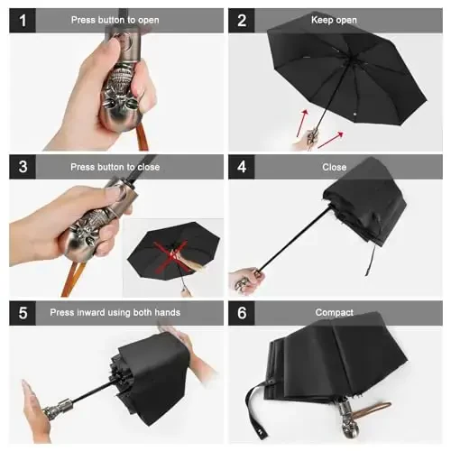 Lejorain Mens Black Skull Umbrella - Automatic Luxury Travel Windproof Umbrella Compact - Portable Strong Lightweight Rain Umbrella for Adults - 2