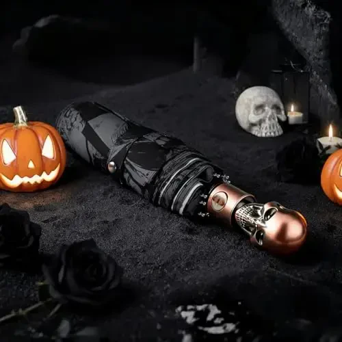 Lejorain Mens Black Skull Soyabon - Avtomatik Hashamatli Sayohat Shamolga chidamli Soyabon Kompakt - Kattalar uchun Portativ Kuchli Yengil Yomg'ir Soyaboni - 1