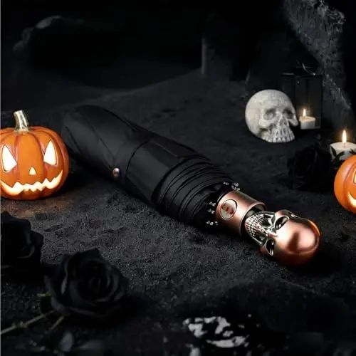 Lejorain Mens Black Skull Umbrella - Automatic Luxury Travel Windproof Umbrella Compact - Portable Strong Lightweight Rain Umbrella for Adults - 5
