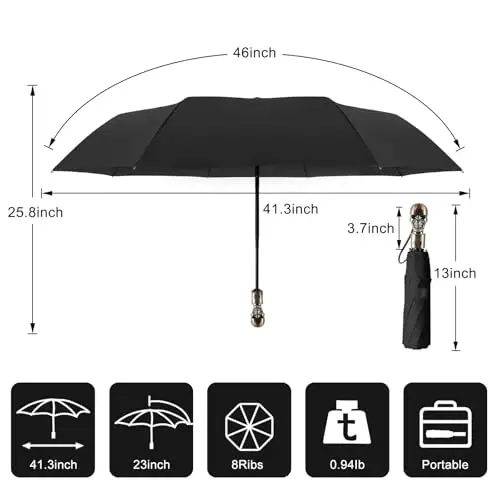 Lejorain Mens Black Skull Umbrella - Automatic Luxury Travel Windproof Umbrella Compact - Portable Strong Lightweight Rain Umbrella for Adults - 6