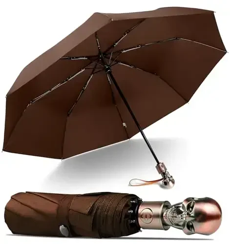Lejorain Mens Black Skull Umbrella - Automatic Luxury Travel Windproof Umbrella Compact - Portable Strong Lightweight Rain Umbrella for Adults - 3