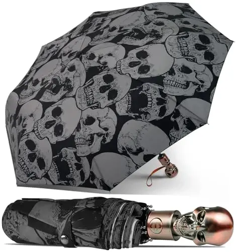 Lejorain Mens Black Skull Umbrella - Automatic Luxury Travel Windproof Umbrella Compact - Portable Strong Lightweight Rain Umbrella for Adults - 3