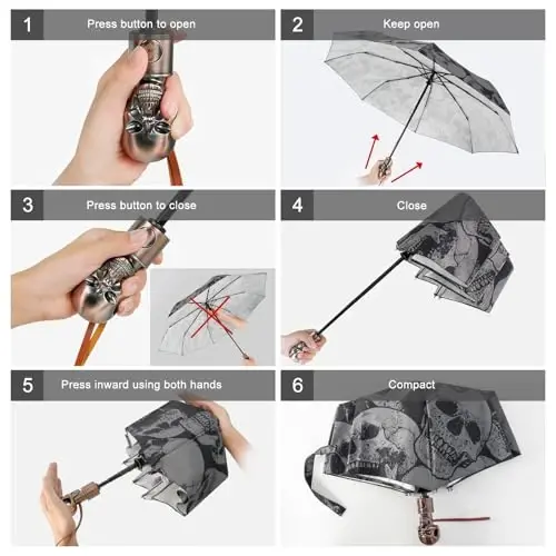 Lejorain Mens Black Skull Umbrella - Automatic Luxury Travel Windproof Umbrella Compact - Portable Strong Lightweight Rain Umbrella for Adults - 4