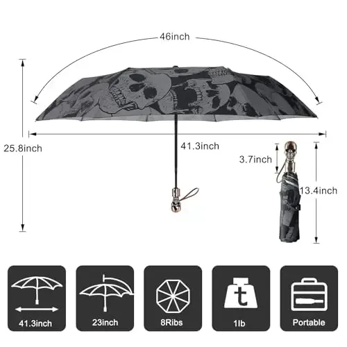 Lejorain Mens Black Skull Umbrella - Automatic Luxury Travel Windproof Umbrella Compact - Portable Strong Lightweight Rain Umbrella for Adults - 2