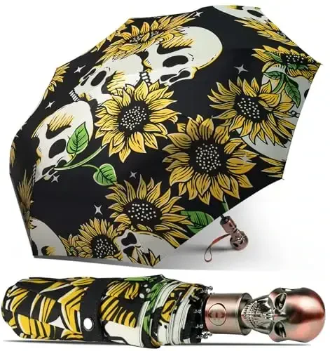 Lejorain Mens Black Skull Umbrella - Automatic Luxury Travel Windproof Umbrella Compact - Portable Strong Lightweight Rain Umbrella for Adults - 3
