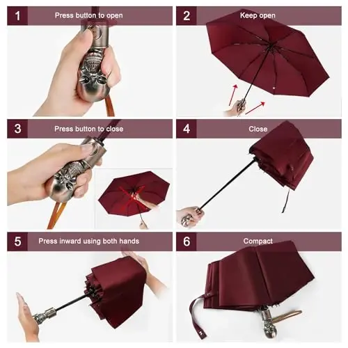 Lejorain Mens Black Skull Umbrella - Automatic Luxury Travel Windproof Umbrella Compact - Portable Strong Lightweight Rain Umbrella for Adults - 5