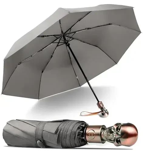 Lejorain Mens Black Skull Umbrella - Automatic Luxury Travel Windproof Umbrella Compact - Portable Strong Lightweight Rain Umbrella for Adults - 3