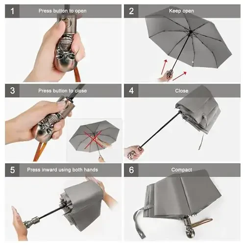 Lejorain Mens Black Skull Umbrella - Automatic Luxury Travel Windproof Umbrella Compact - Portable Strong Lightweight Rain Umbrella for Adults - 4