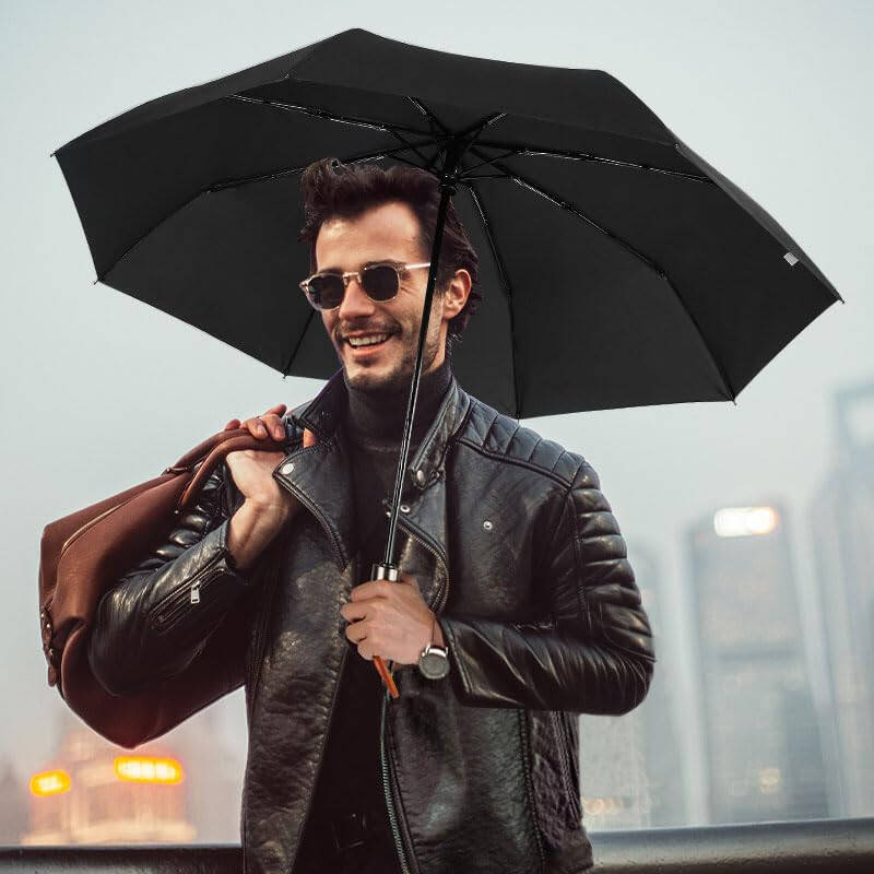 Lejorain Mens Black Skull Umbrella - Automatic Luxury Travel Windproof Umbrella Compact - Portable Strong Lightweight Rain Umbrella for Adults - 16