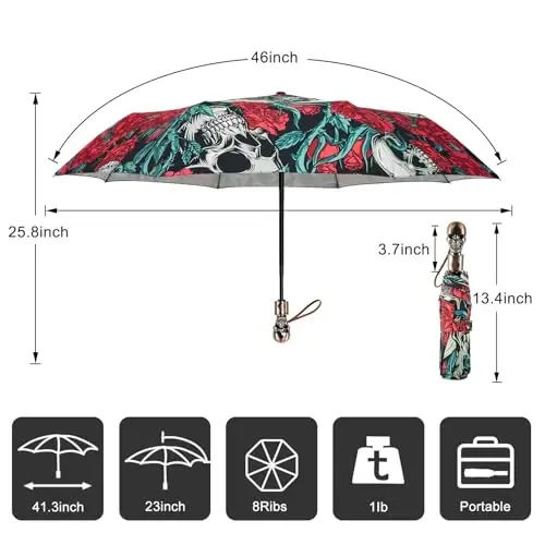 Lejorain Mens Black Skull Umbrella - Avtomatik hashamatli sayohat shamoldan himoyalangan soyabon ixcham - Kattalar uchun portativ kuchli yengil vaznli yomg'ir soyaboni - 2