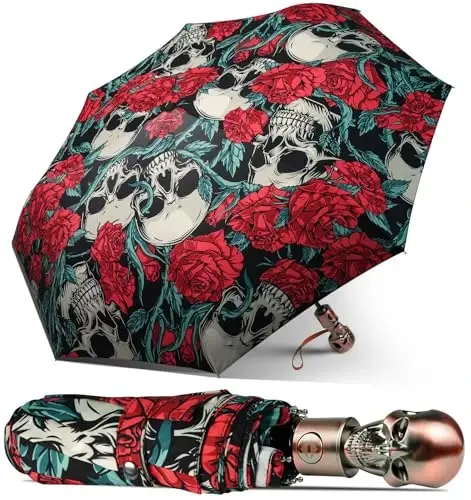 Lejorain Mens Black Skull Umbrella - Avtomatik hashamatli sayohat shamoldan himoyalangan soyabon ixcham - Kattalar uchun portativ kuchli yengil vaznli yomg'ir soyaboni - 3