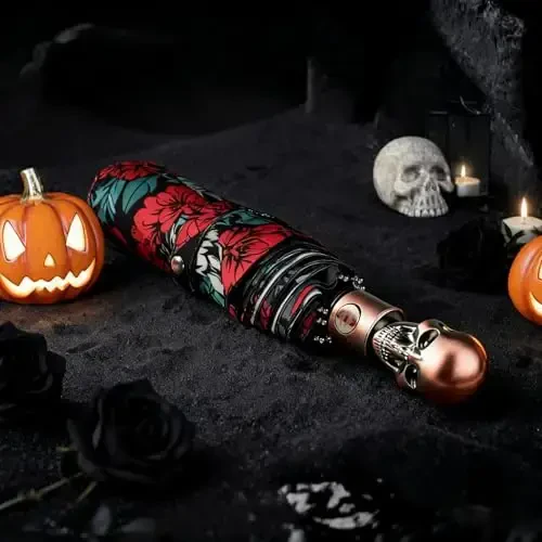 Lejorain Mens Black Skull Umbrella - Avtomatik hashamatli sayohat shamoldan himoyalangan soyabon ixcham - Kattalar uchun portativ kuchli yengil vaznli yomg'ir soyaboni 