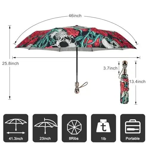 Lejorain Mens Black Skull Umbrella - Avtomatik hashamatli sayohat shamoldan himoyalangan soyabon ixcham - Kattalar uchun portativ kuchli yengil vaznli yomg'ir soyaboni - 2