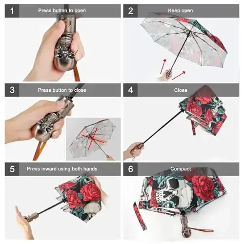 Lejorain Mens Black Skull Umbrella - Avtomatik hashamatli sayohat shamoldan himoyalangan soyabon ixcham - Kattalar uchun portativ kuchli yengil vaznli yomg'ir soyaboni - 4